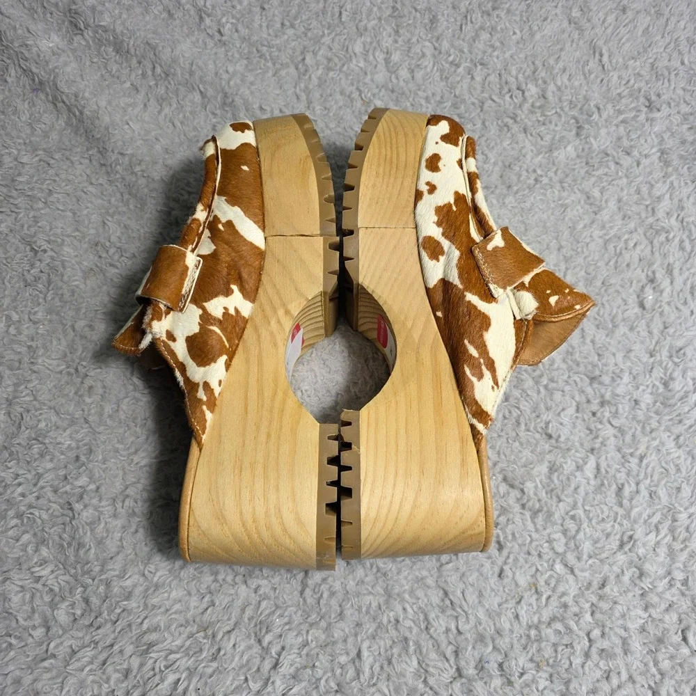Free People Corbin Hair On Clog Cow Print Wooden Platform Mules‎ EU 38 US 7 NEW - Picture 6 of 9